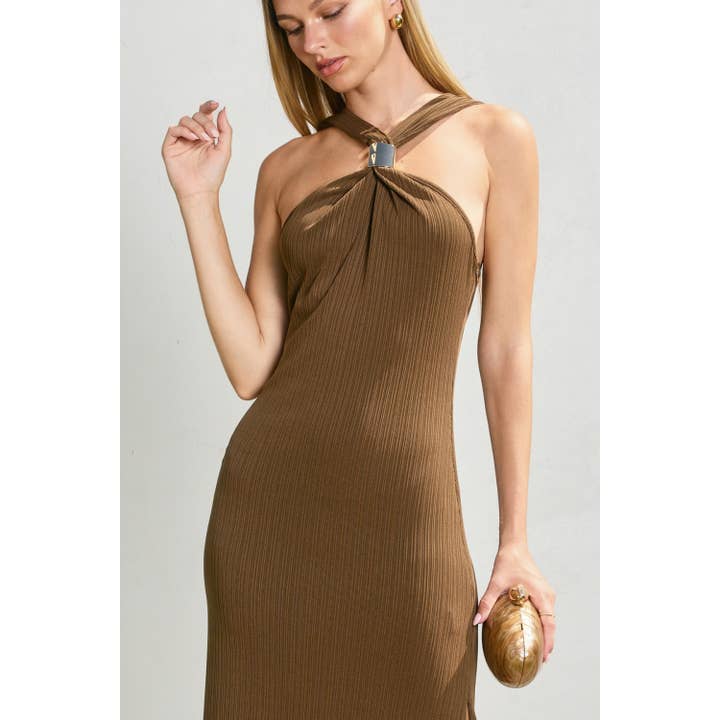 Dress Forum - Wholesale Dress - Women's - Gold Applique Halter Neck Rib Knit Dress (1)8