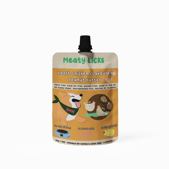 Roast Chicken Flavoured Peanut Butter Pouch for dogs 113g4oz for wholesale by Apex Pet Products (Meaty Bubbles)