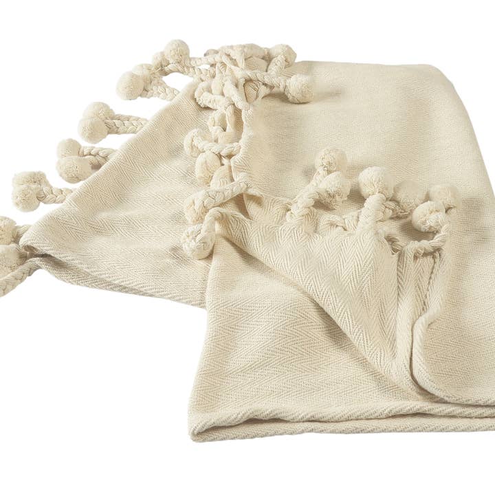 Cream Embroidered Chevron with Braided Fringe Throw Blanket for wholesale on Faire