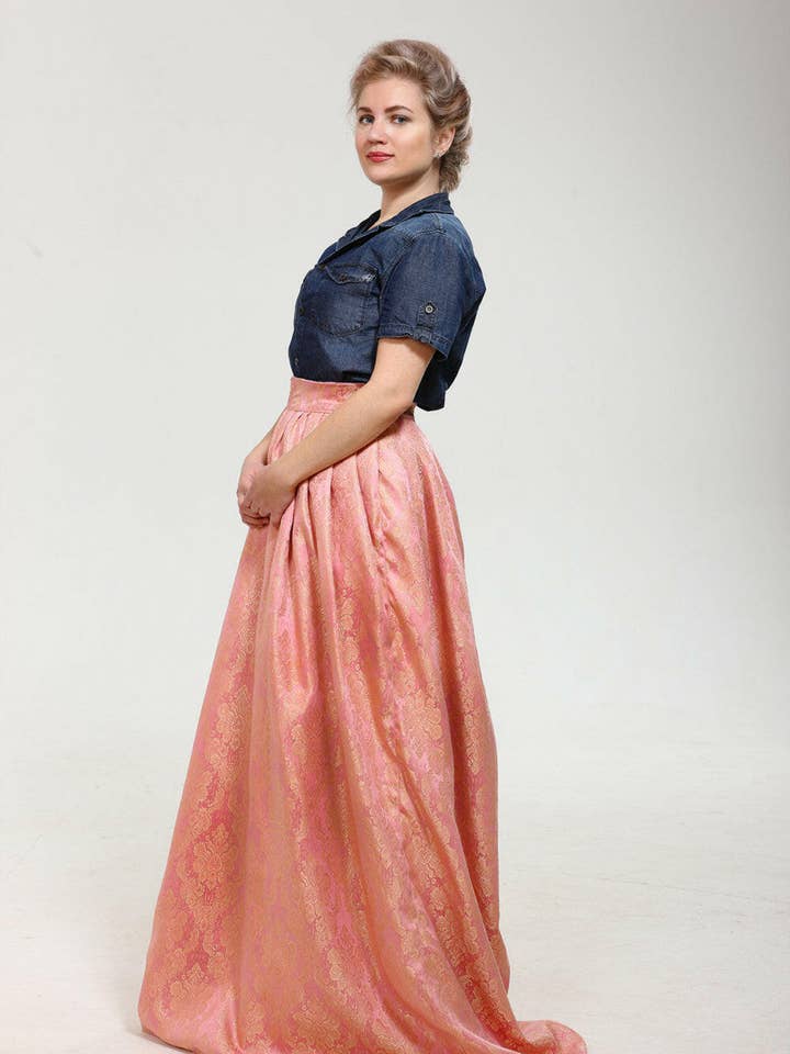 Just Breathtaking! Exclusive full shaped maxi skirt from thin exclusive floral pink brocade with gold. Skirt with trail. for wholesale by corsettery