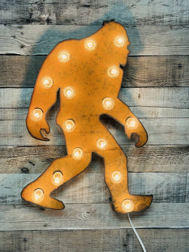 Bigfoot Yeti Sasquatch Rustic Lighted Metal Marquee Sign for wholesale by Universal Ironworks USA