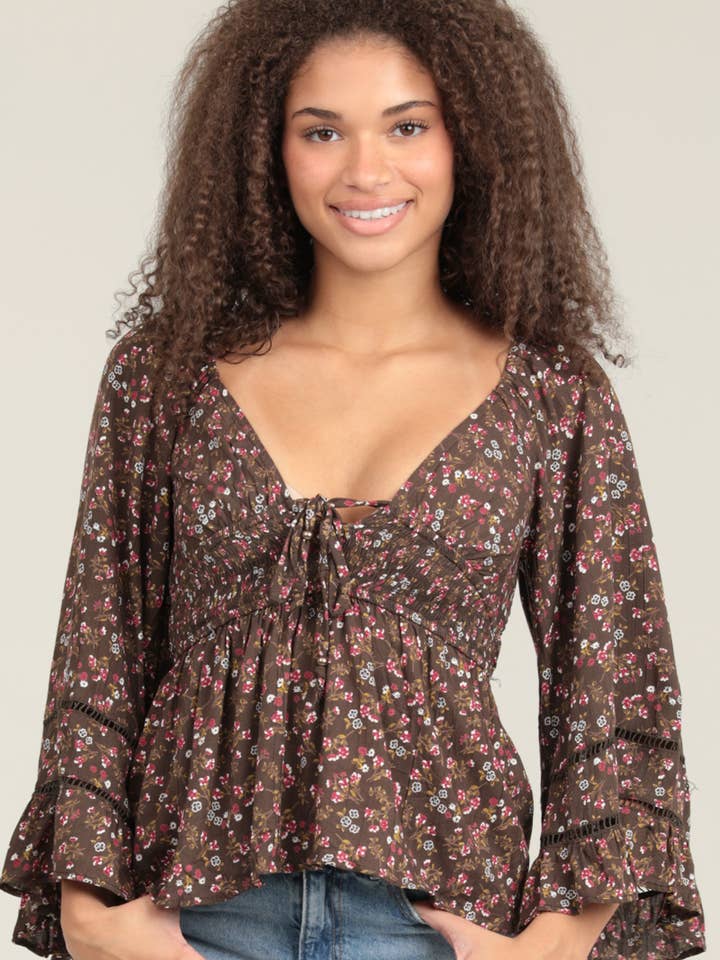 C2D54-WA78 V NECK LACE TRIM BELL SLEEVE BLOUSE for wholesale by ANGIE