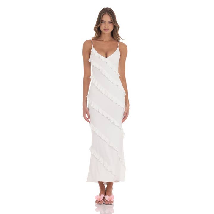 Lucy In The Sky - Wholesale Dress - Women's - Ruffle V-Neck Maxi Dress in White