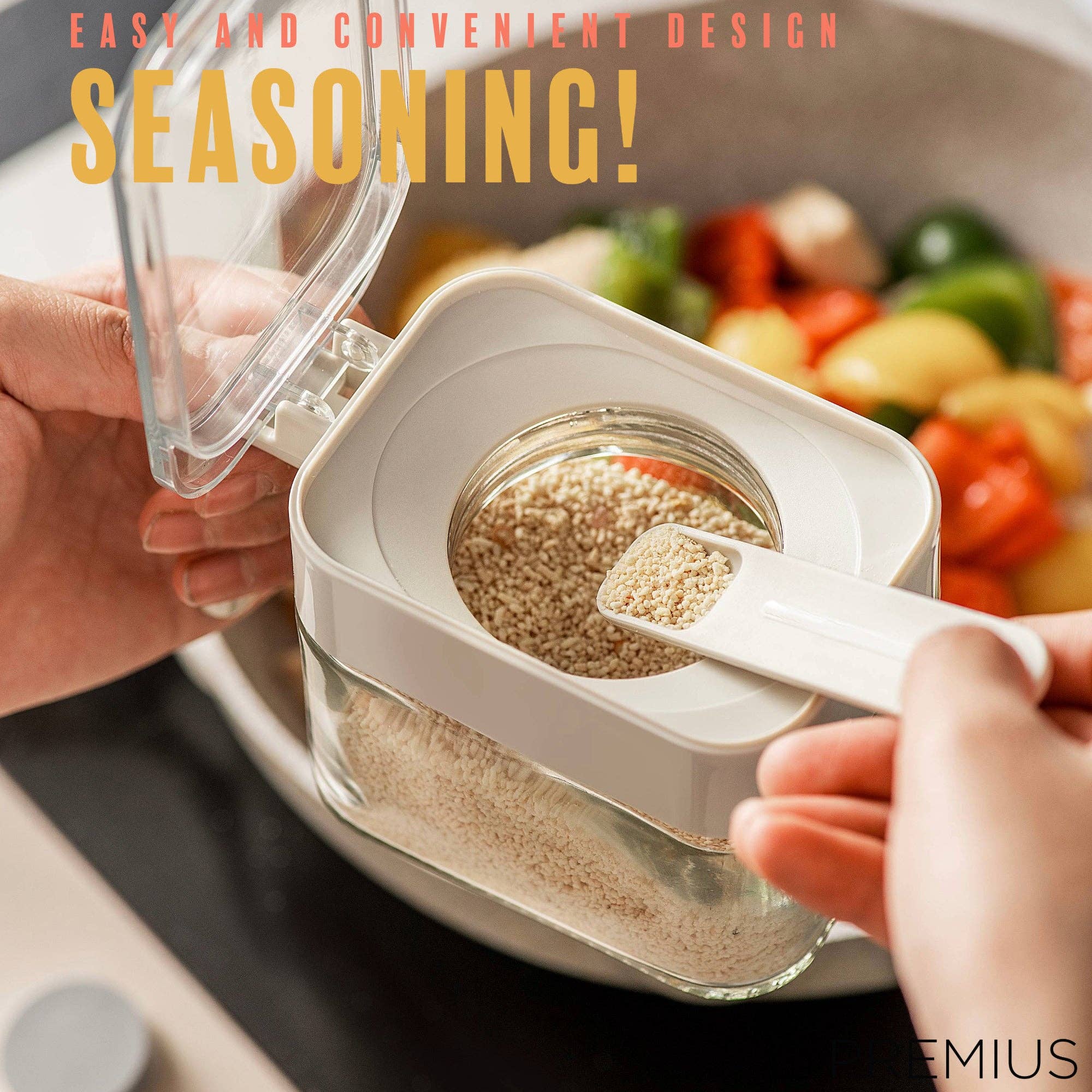 ShopBobbys - Wholesale Jar - PREMIUS Stacking Glass Seasoning Spice Jar with No-Touch Spoon and Lid, White, 10.58 Ounces4