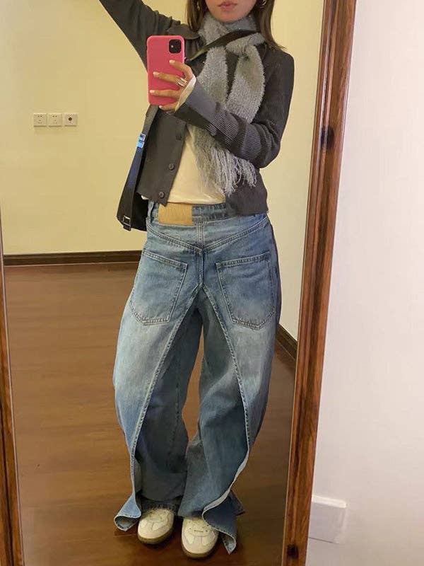 Sheer Trend - Wholesale Jeans - Women's - False Two Wide Leg Pockets Reversible Jean Pants Bottoms13