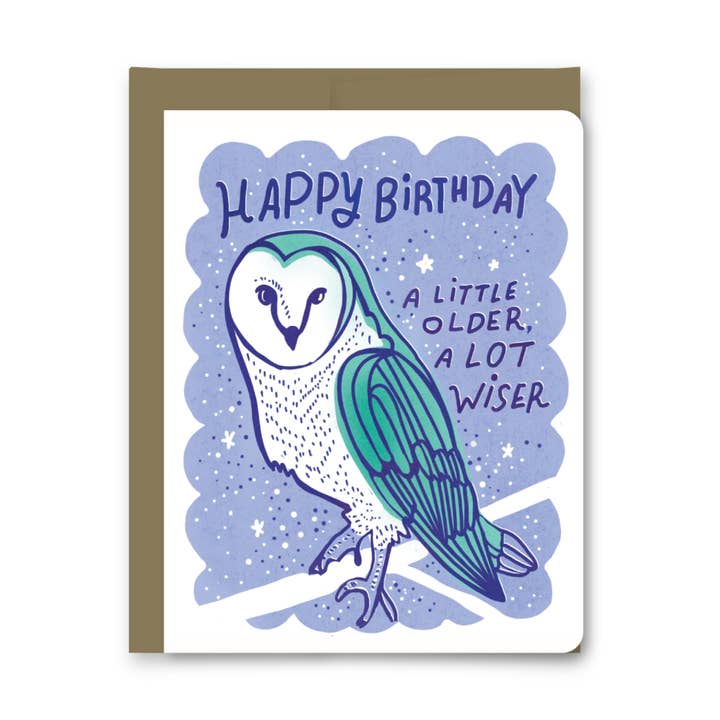 Wiser Owl Happy Birthday Card for wholesale by Wolf & Wren Press