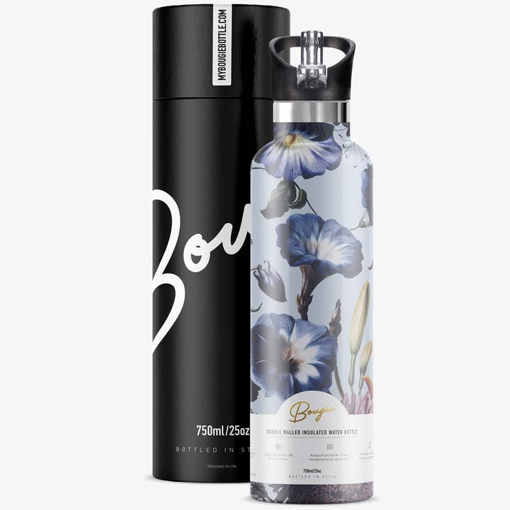 Black NORDIC FLEUR Morning Glory 25 oz Insulated Water Bottle for wholesale on Faire7