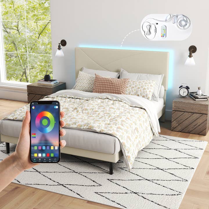 39F Inc. - Wholesale Bedroom Furniture - Foothill Queen Beige Bed Frame with LED Headboard