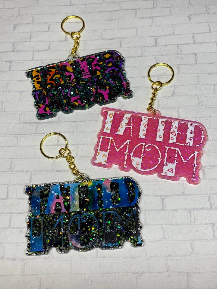 Gift for Mom with Tattoos, Celestial Mom Keychain, Pink Glitter, Keychain for Mother with Tattoos, Tatted Mom Keychain for wholesale by Chasin’ Self Care