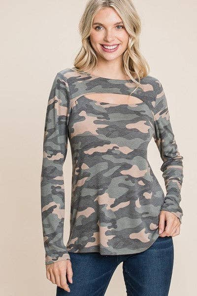 CC Wholesale Clothing - Wholesale T-shirt – women's - Army Camo Printed Cut Out Neckline Long Sleeves Casual