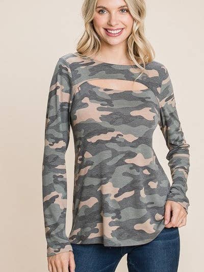Bandanas Wholesale - Wholesale T-shirt – women's - Army Camo Printed Cut Out Neckline Long Sleeves Casual Basic Top