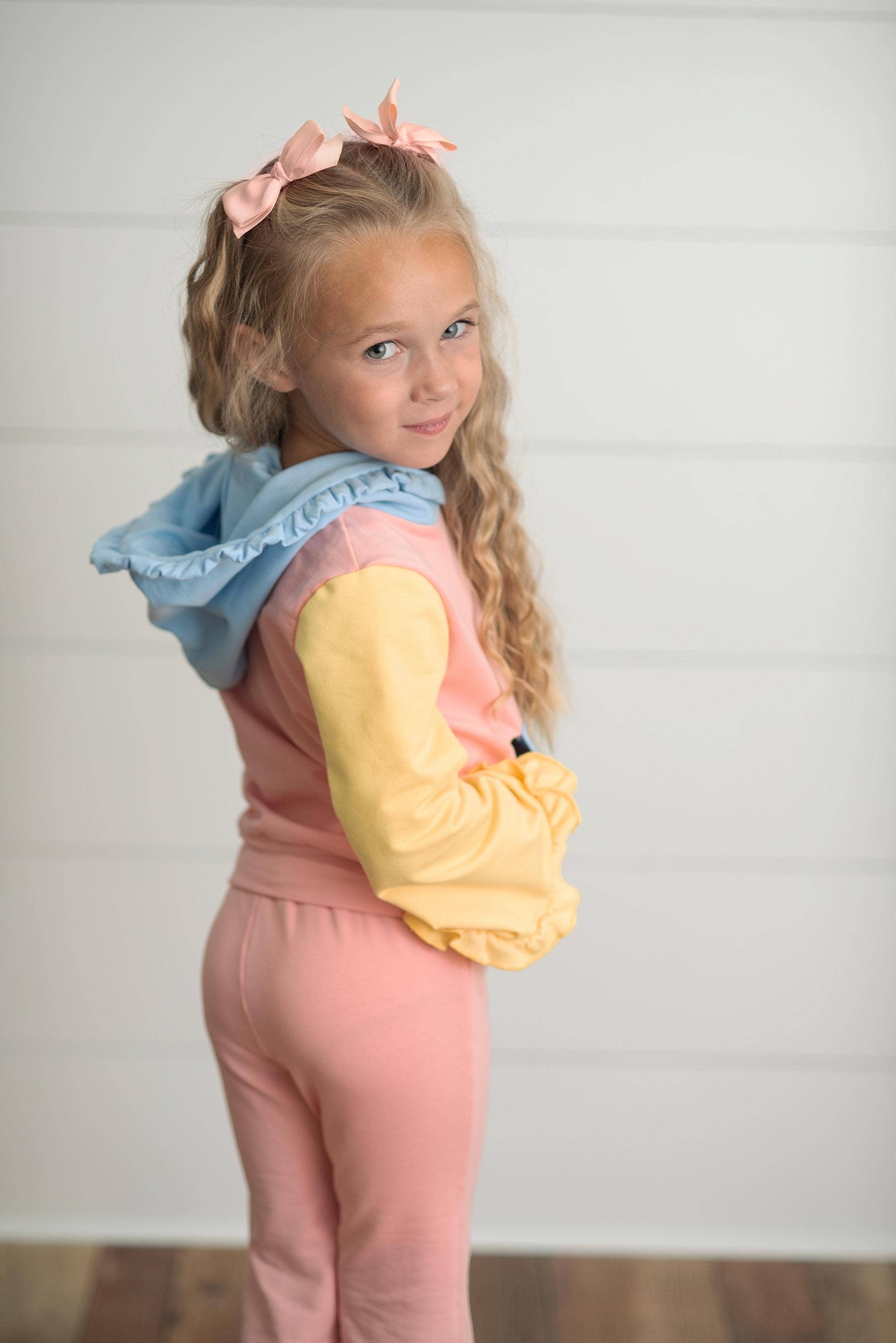 Oopsie Daisy - Wholesale Top & Pant Set - Kids - Kids Pastel Color Block Hooded Ruffle Pocket Fall Lounge Set6