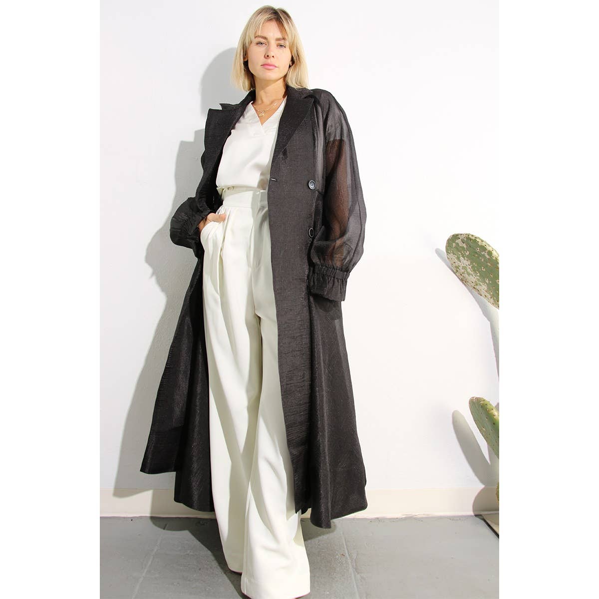BLACK METALLIC ORGANZA TRENCH COAT for wholesale on Faire7