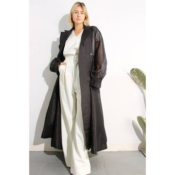 BLACK METALLIC ORGANZA TRENCH COAT for wholesale on Faire7