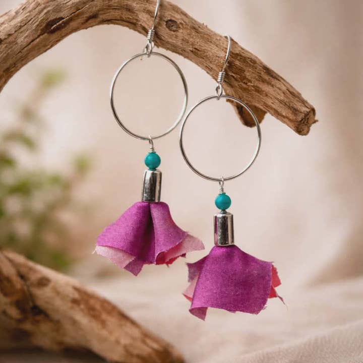 Buckaroo Bling LLC dba Bling Boheme - Wholesale Dangle Earrings - Long Sterling Silver Earrings with Pink Flower and Turquoise5