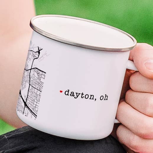 Dayton Ohio enamel camping mug for wholesale by Wayfaring Prints