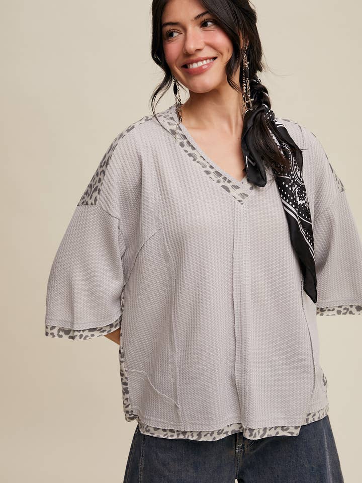Leopard Trim Waffle Knit Top for wholesale by Listicle