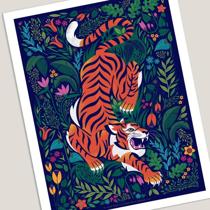 Lucie Rice Illustration and Design - Wholesale Art Print - Bengal Tiger Floral Background Art Print