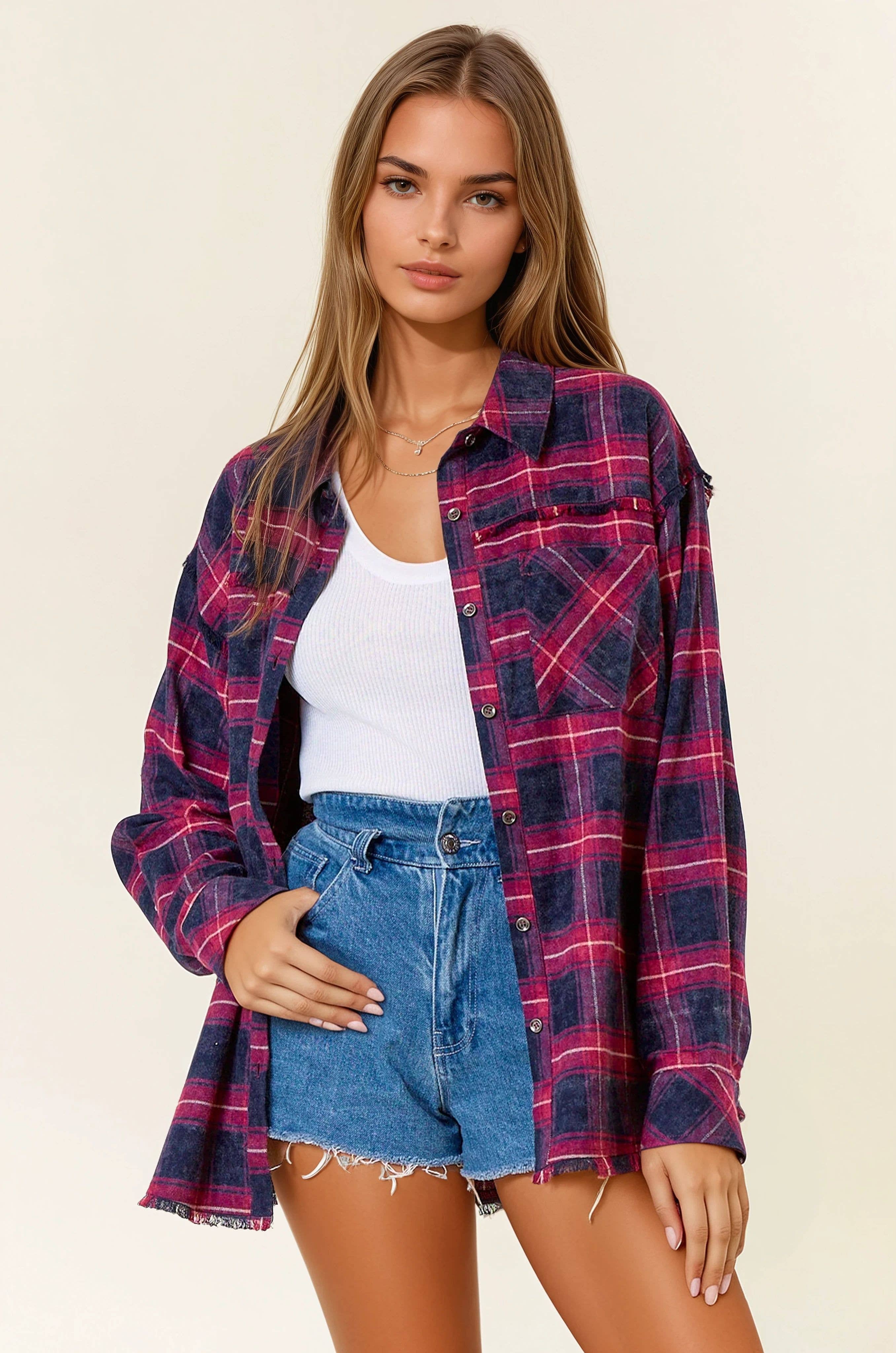 Doe and Rae - Wholesale Button Down Shirt - Women's - Plaid Flannel Shirt W/ Frayed Detail - 44703T5