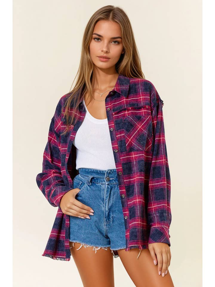 Doe and Rae - Wholesale Button Down Shirt - Women's - Plaid Flannel Shirt W/ Frayed Detail - 44703T5
