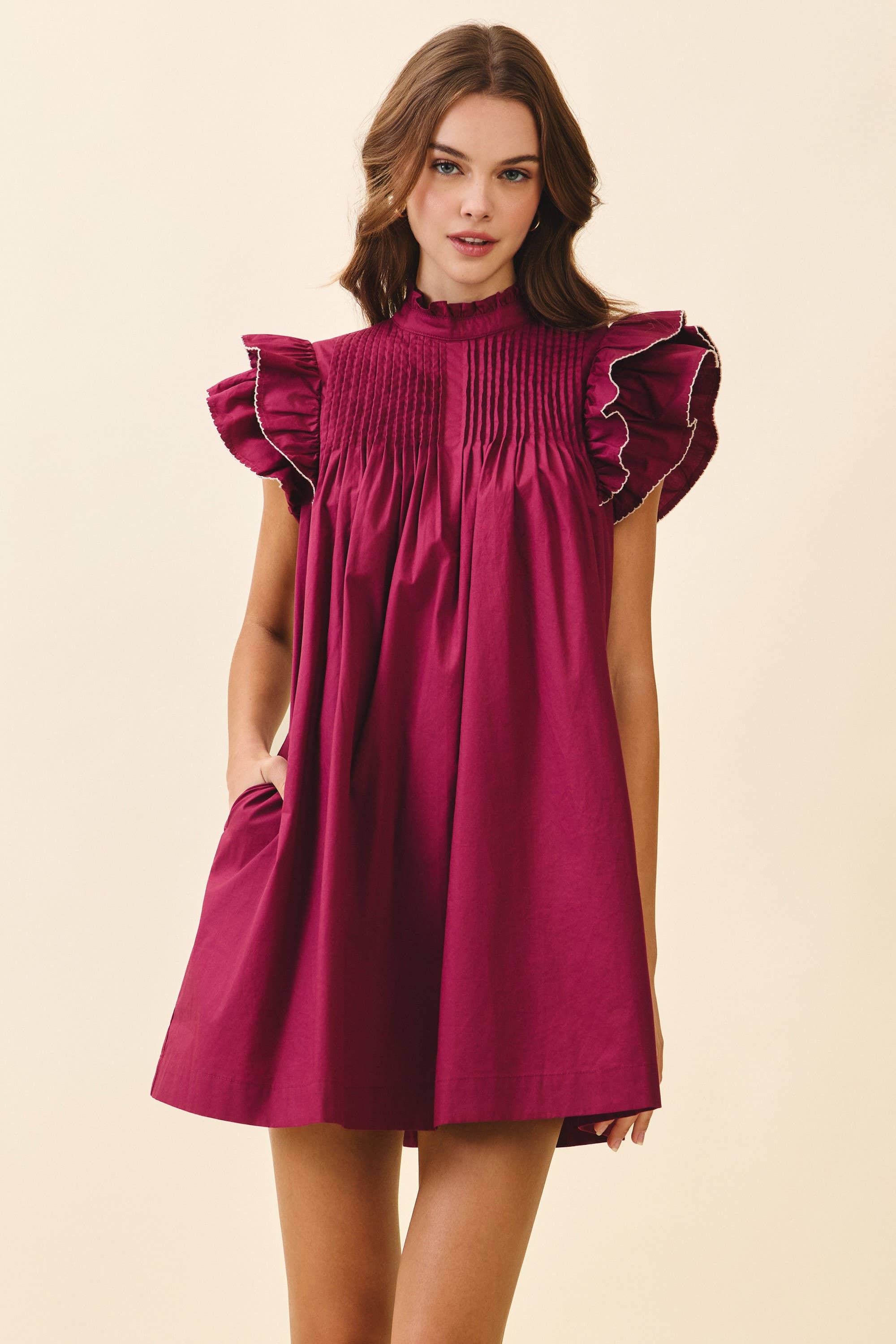 TCEC - Wholesale Dress - Women's - CD06395-Back Button Down High Neck Babydoll Mini Dress2