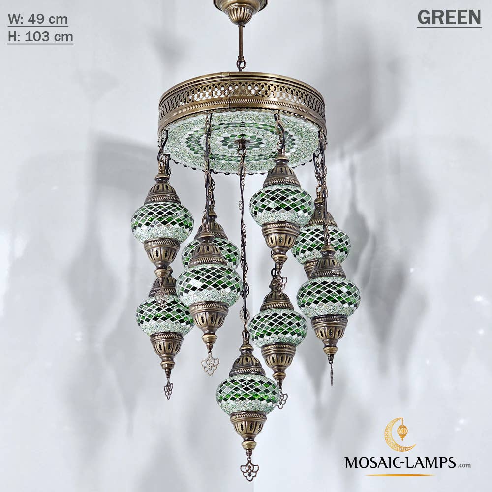 Mosaic Lamps – Großhandel Kronleuchter/Hängeleuchte – 9+1 türkische Kronleuchter mit gemischtem Globusmosaik, gemischte Siedlung9
