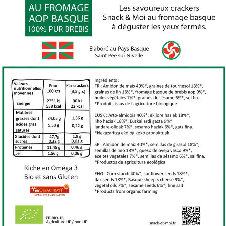 Snack & Moi - Wholesale Crackers - Organic Crackers with Sheep Cheese 1 kg1