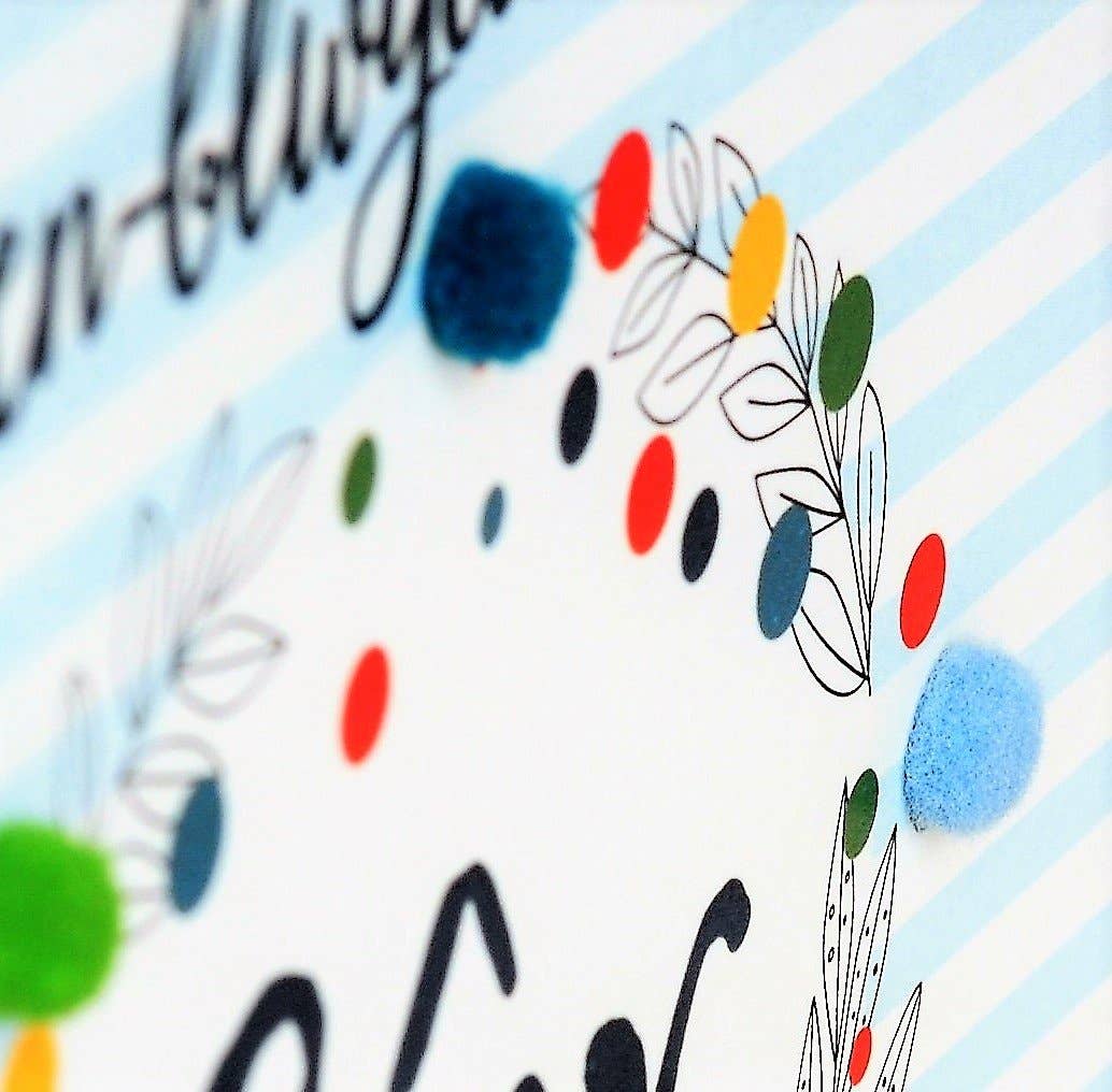 Claire Giles Ltd - Wholesale Birthday Card - Welsh Husband Birthday Card, Penblwydd Hapus Gwr, Stripes, Pompom Embellished5