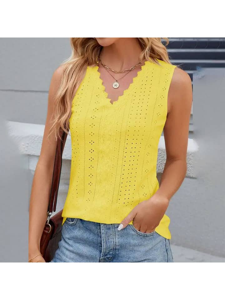 Lily Clothing - Wholesale Blouse - Women's - V NECK LACE SLEEVELESS SOLID COLOR CASUAL VEST_CWTTK0255