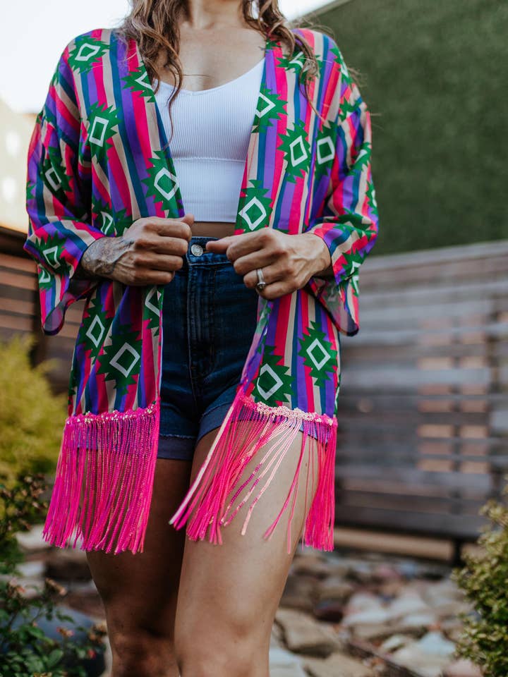 MK364 Guadalupe Sheer Aztec Kimono with Sequin Fringe and other Purchase wholesale fringe kimono. Free returns & net 60 terms on Faire trending on Faire.