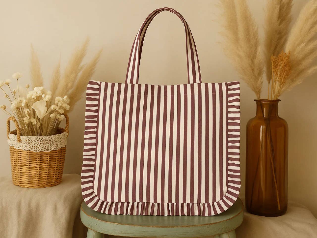 House of Kraft Jewelry & Accessories - Wholesale Tote Bag - Women's - Stripe Ruffle Tote | Canvas Tote Bag | Daily Canvas Tote11