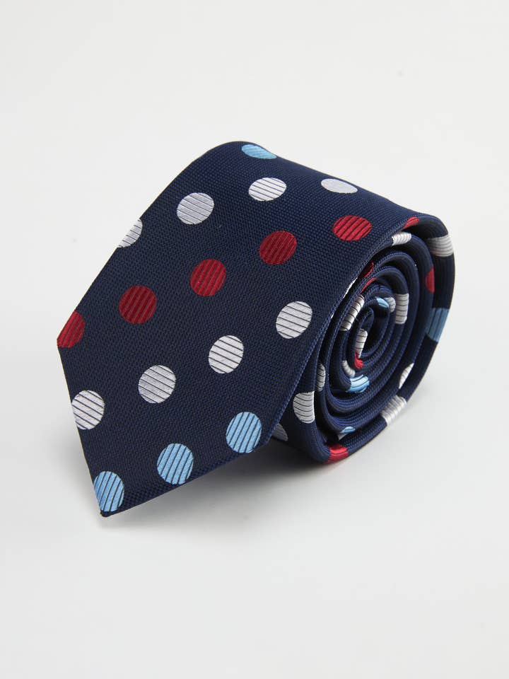 Tri-Color Dot Navy Silk Tie for wholesale by Knottery & Co.