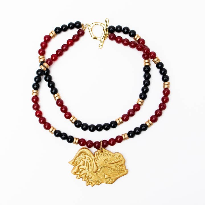 Garnet & Black Double Jade with Gamecock Medallion for wholesale by Hidden Truth Jewelry