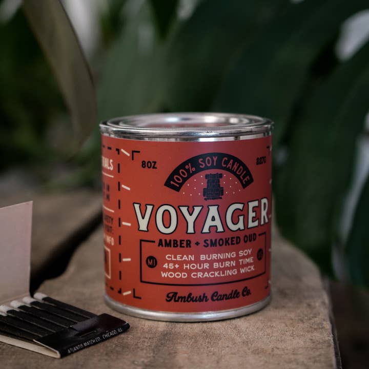 Voyager | Amber + Smoked Oud 8oz Soy Candle for wholesale by Ambush Candle Co.
