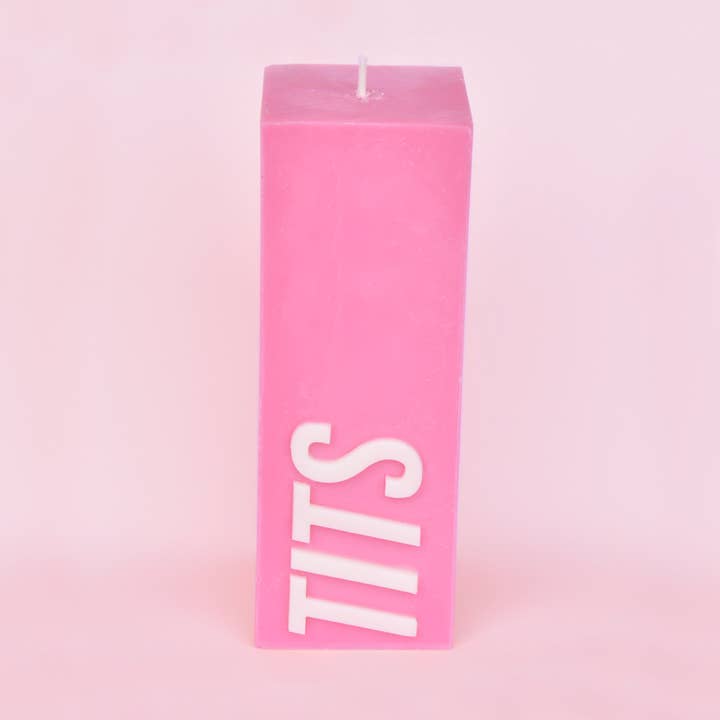 Pink Ribbon TITS Slogan Block Pillar Candle for wholesale by Flamingo Candles