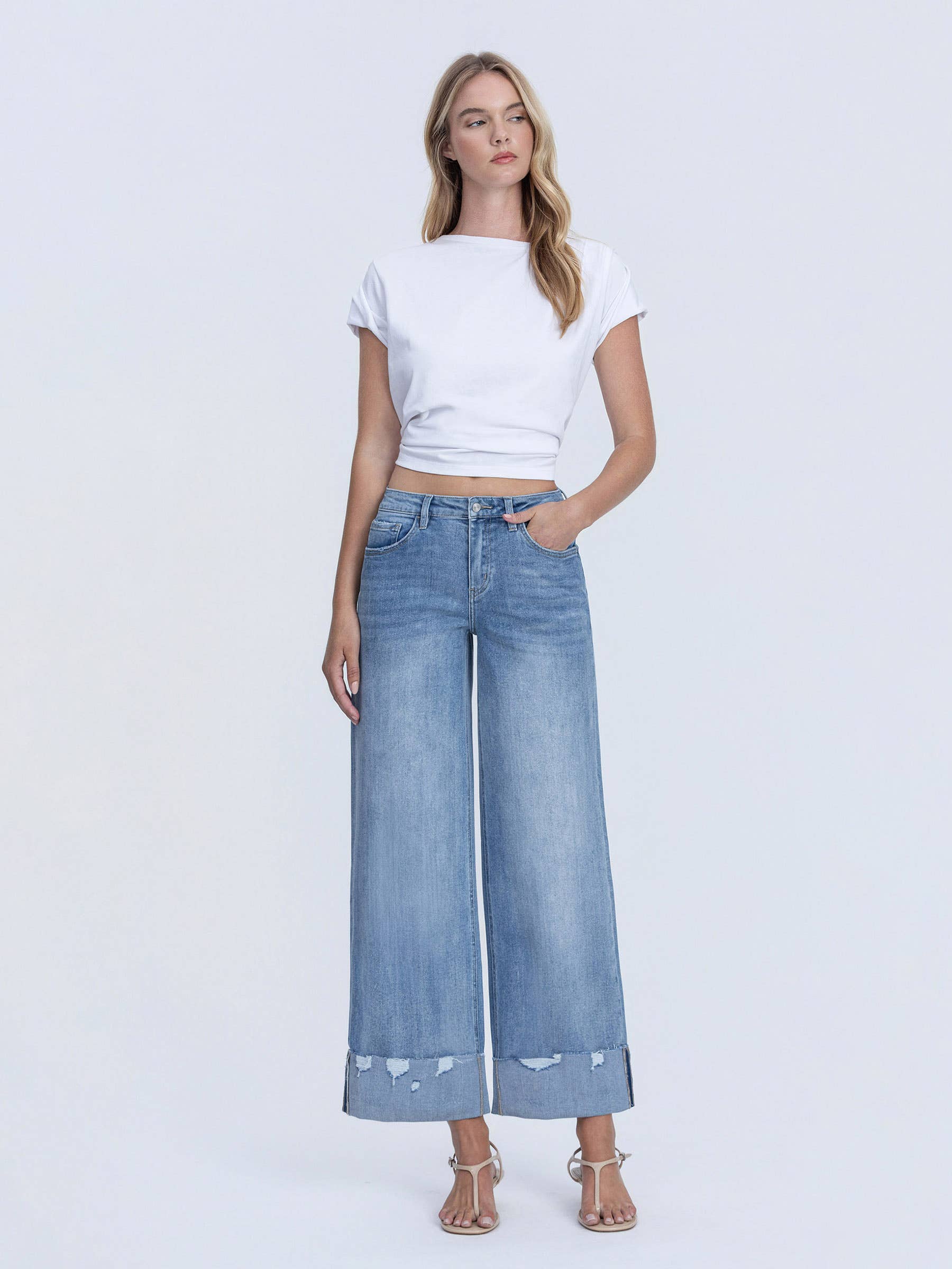 NOVELTY HIGH RISE MEDIUM WASH CUFFED WIDE JEANS LV1604 for wholesale on Faire5