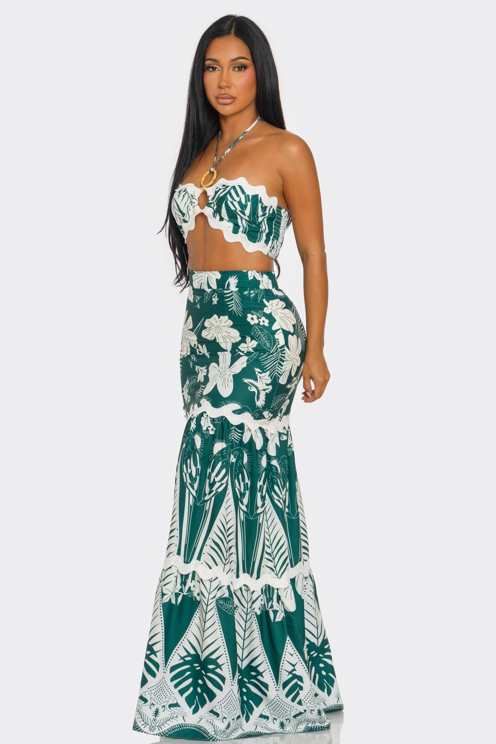 Green HCCTD63369SET&2PC HALTER CORSET & LAYERED MACRAME PRINT MAXI for wholesale on Faire2