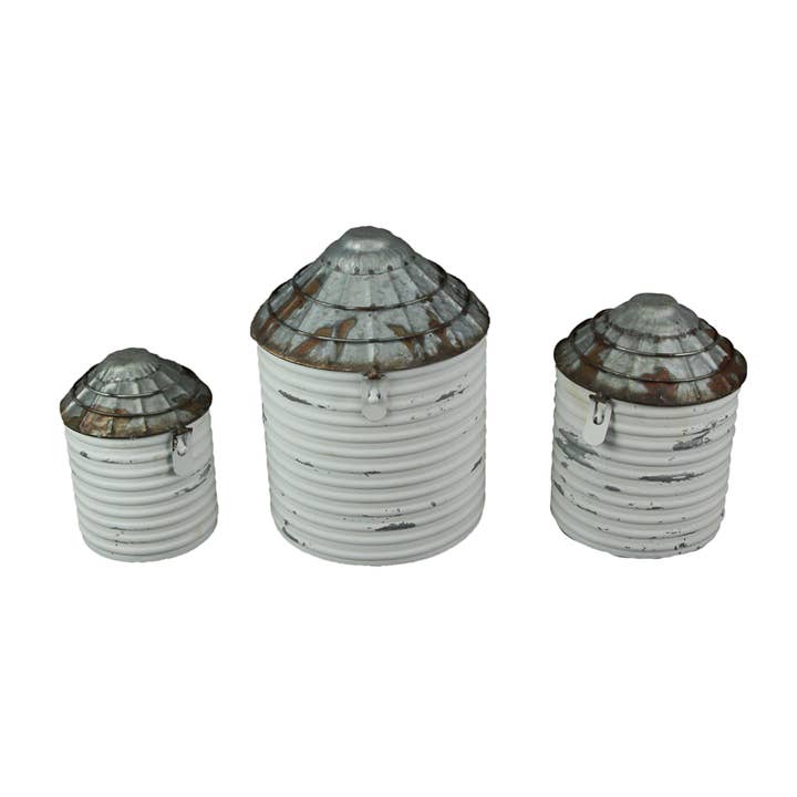 Zeckos - Wholesale Canister Set - White Farmhouse Style Galvanized Tin Silo Canister Set of 3