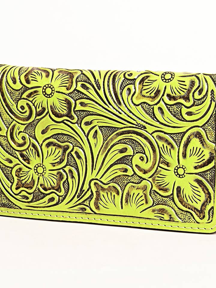 ADBG1271 Zip-Around Hand-Tooled Leather Wallet - Lime Green Floral and other Purchase Wholesale lime green. Free Returns & Net 60 Terms on Faire trending on Faire.