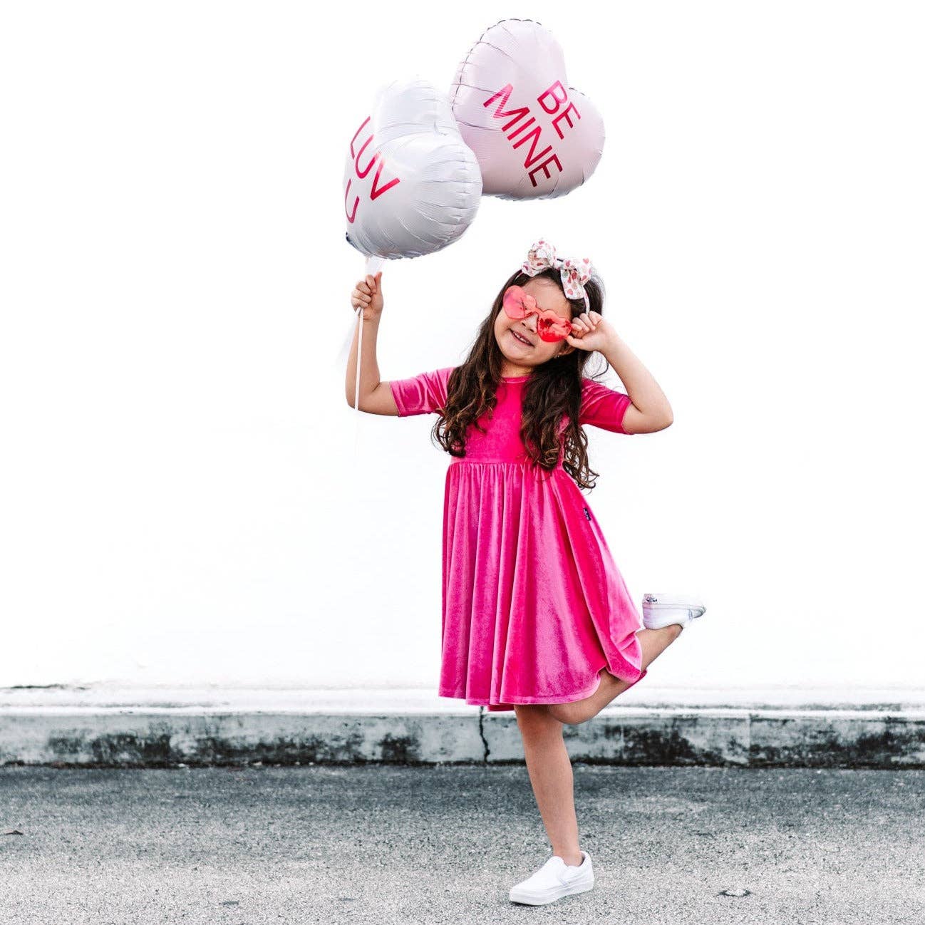 millie + roo LLC - Wholesale Dress - Kids - VELVET MID SLEEVE TWIRL- Pink Opal (Hot Pink) Stretch Velvet Twirl Dress4