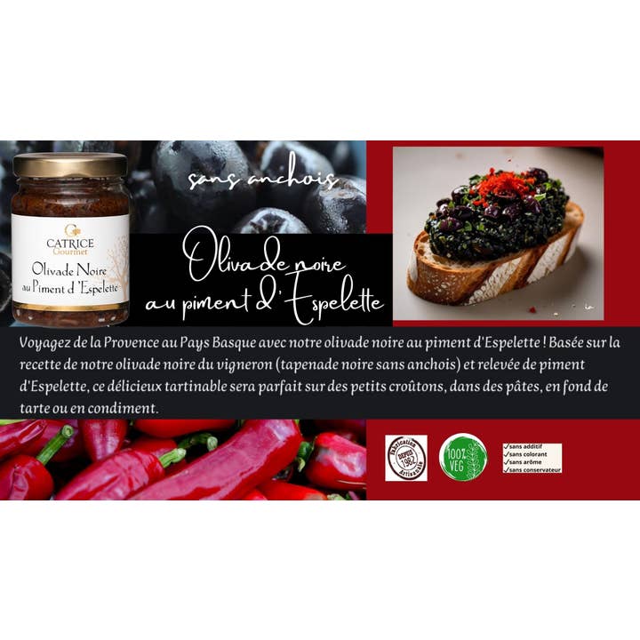 Olivenaufstrich Schwarze Olivade mit Espelette-Paprika 80g für den Großhandel von CATRICE GOURMET