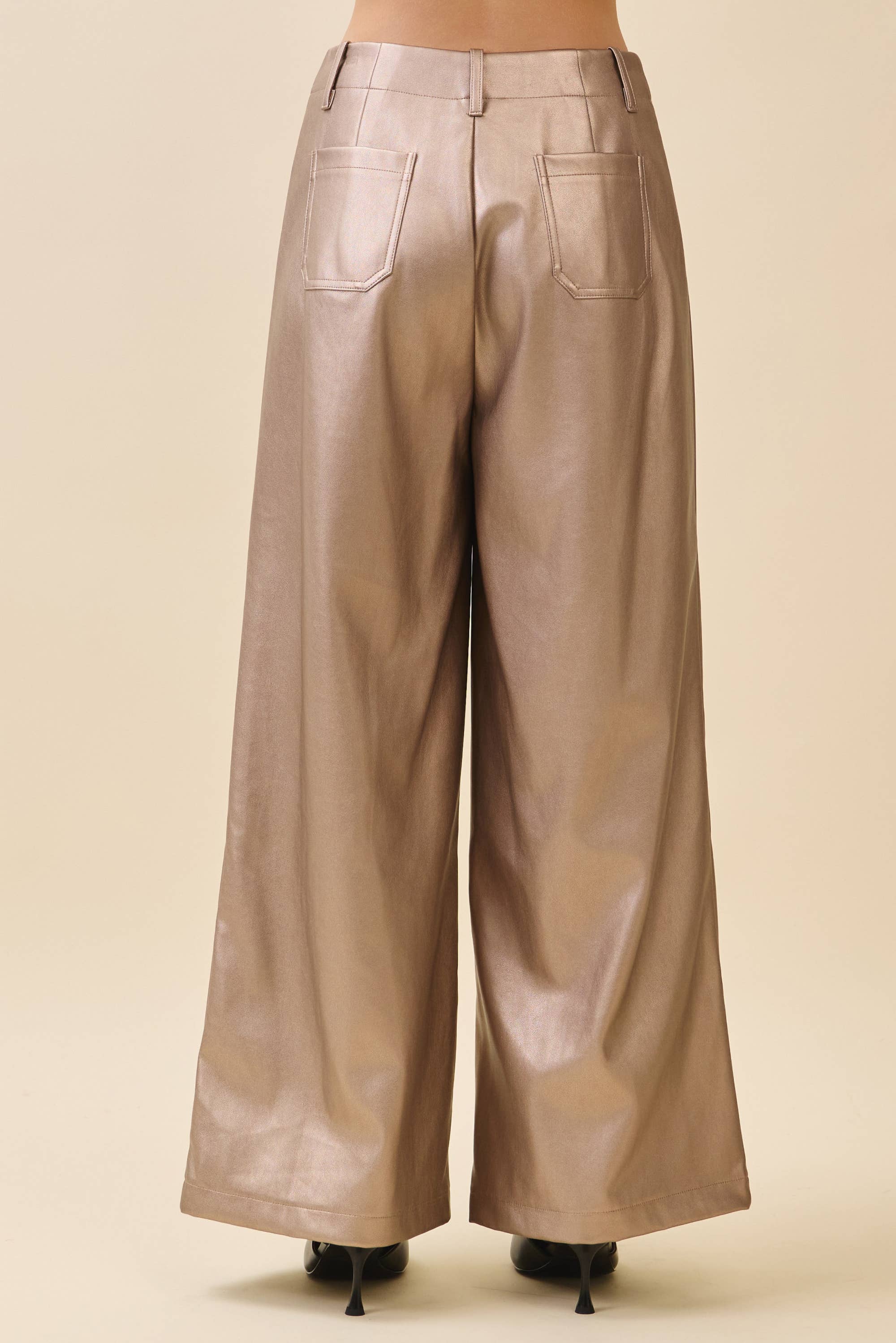 GeeGee x Lovelo - Wholesale Pants - Women's - Metallic Wide-Leg Faux Leather Pants CP521998