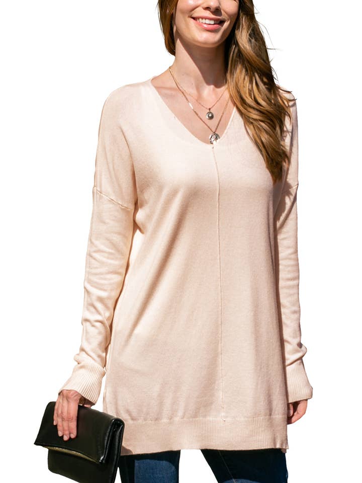NINEXIS - Wholesale Tunic Sweater - Women's - CWOSWL1826_V NECK LOOSE FIT TUNIC LENGTH SOFT SWEATER TOP
