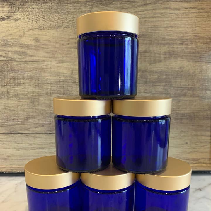The Bottle Shoppe - Wholesale Jar - 4oz Cobalt Blue Glass Jar with Brushed Gold Lid