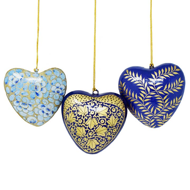 Fair to Trade Ltd - Wholesale Ornament Set - Hand painted papier-mâché Blue Christmas heart baubles