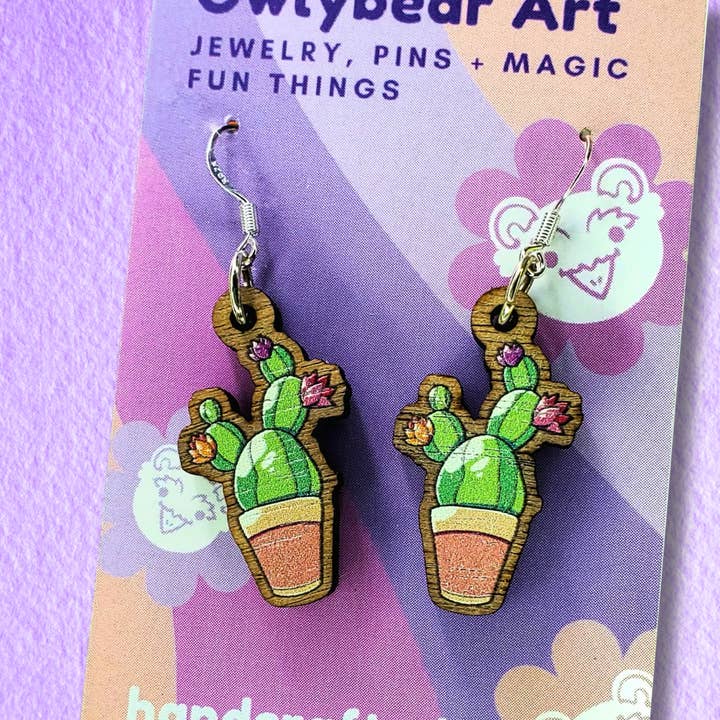 Cute Cactus Wood Dangle Earrings for wholesale by Owlybear Art