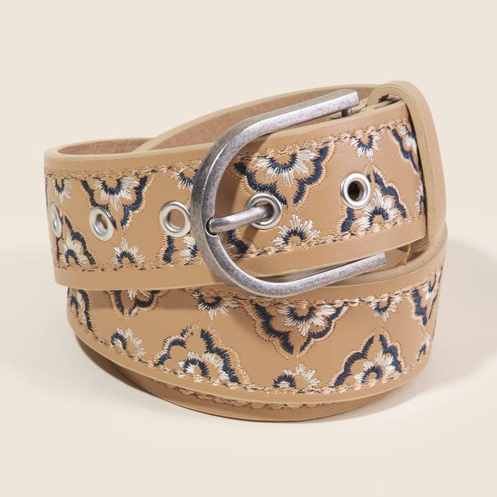 Embroidered Flower Decor Vegan Leather Belt for wholesale by Anarchy Street