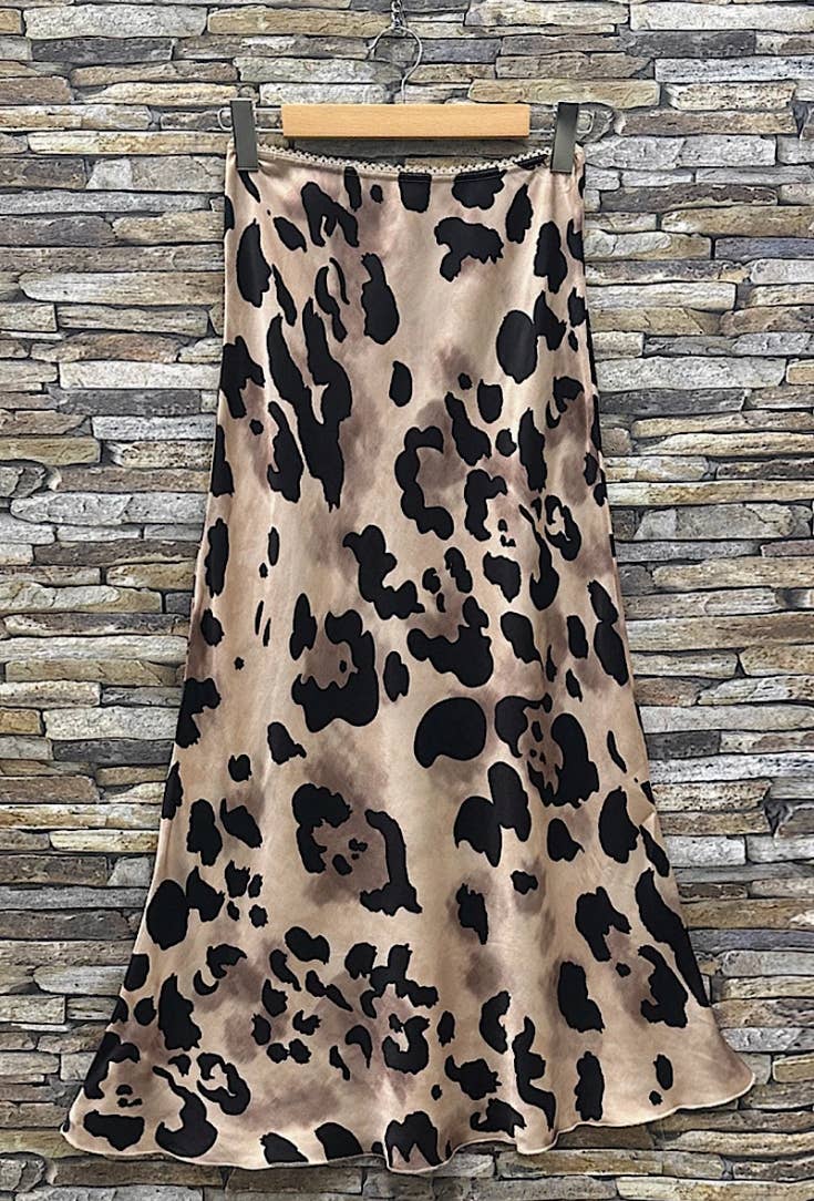 LOOWIE - Wholesale Skirt - Women's - ESLSB Beige Leopard Satin Midi Skirt with Lace Trim Viscose