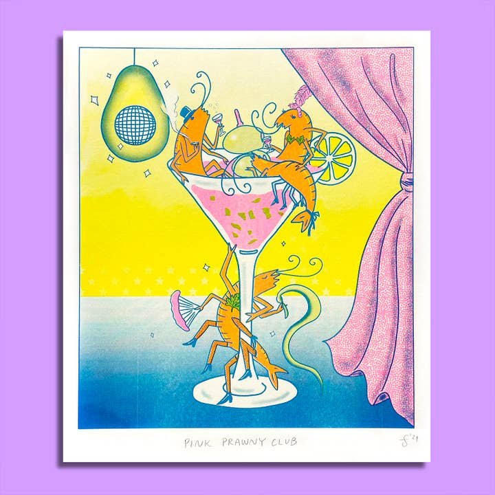 Pink Prawny Club - Risograph Print for wholesale by Tamiko Sidore Studio