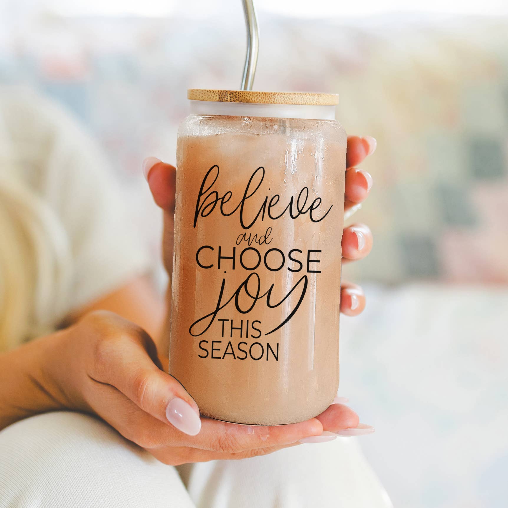 Gia Roma - Venta al por mayor Vaso/copa - Tazas de cristal para café navideñas con pajitas y tapa de madera, diseño de copos de nieve85